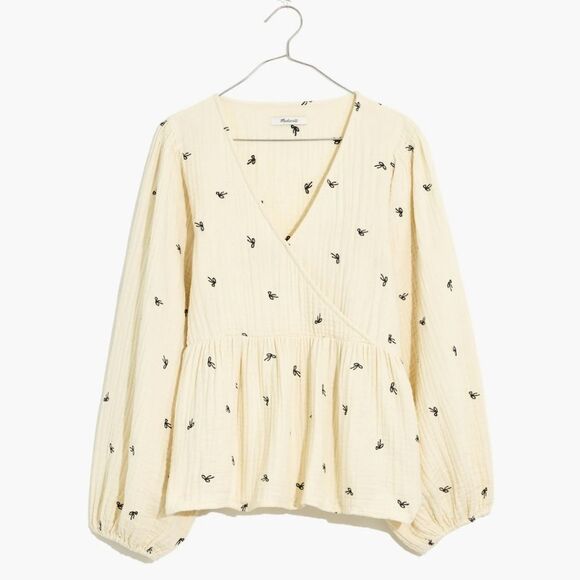 Madewell Lightspun Cotton Bow Blouse in Cream with Balloon Sleeves Size S - Picture 2 of 15